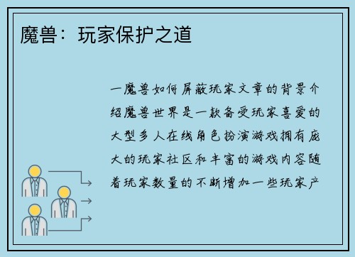 魔兽：玩家保护之道